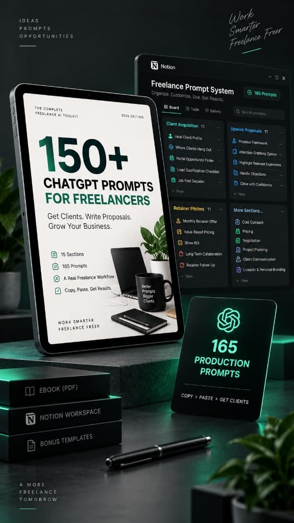 150+ ChatGPT Prompts for Freelancers 3D Product Bundle Mockup with iPad and Notion Workspace